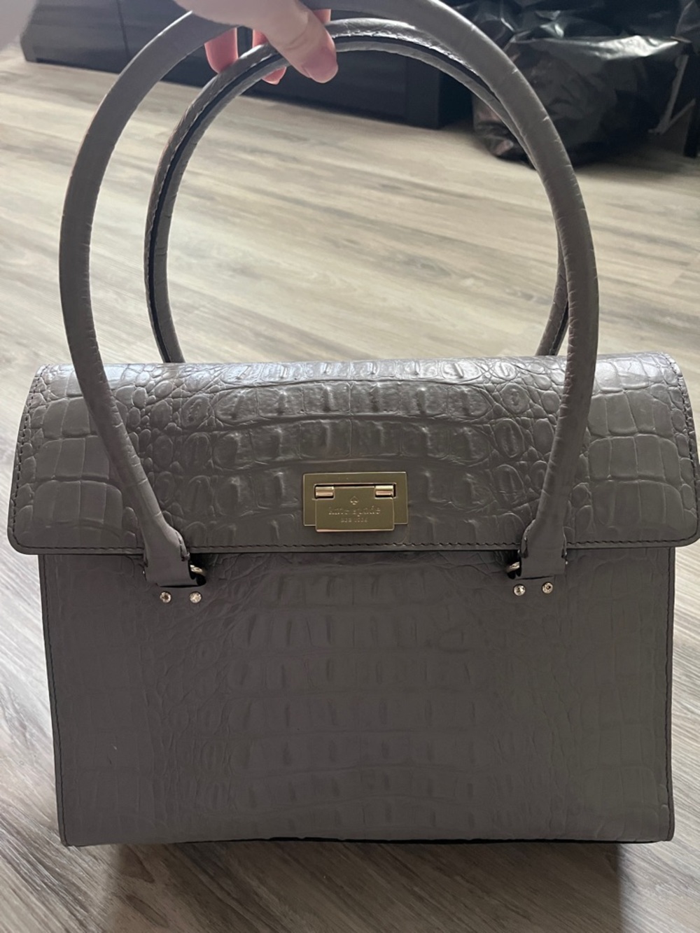 Kate Spade Gray Croc-Embossed Structured Top-Handle Bag